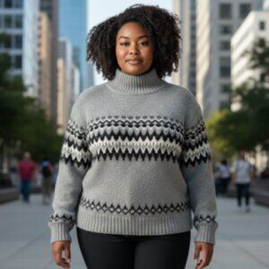 Free Assembly Women’s Fair Isle Mock Neck Sweater Gray Black Size XL